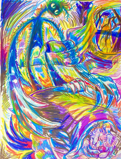 "the thing under the bed", colored pencil, 9 by 12 inches, 2023