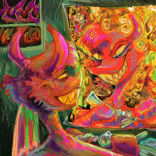 demon does evil things to badger in reflection